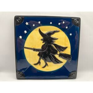 Halloween Decor Square 8" Plate Witch Broom Full Moon Stars Yellow Blue Black